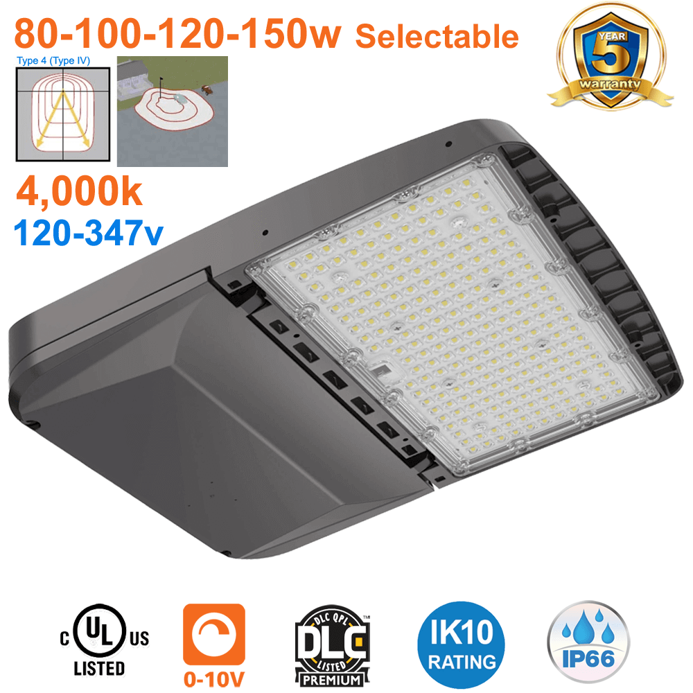 Parking Lot Light 4000K Type 4 LED Flood Lights 80 100 120 150 Watts IP66 Flood Light 120-347v UL Surge Protection IP66 IK10 DLC Premium 3.0G Vibration Load Rating EELighting ALJ Series Area Light From LED Network 1