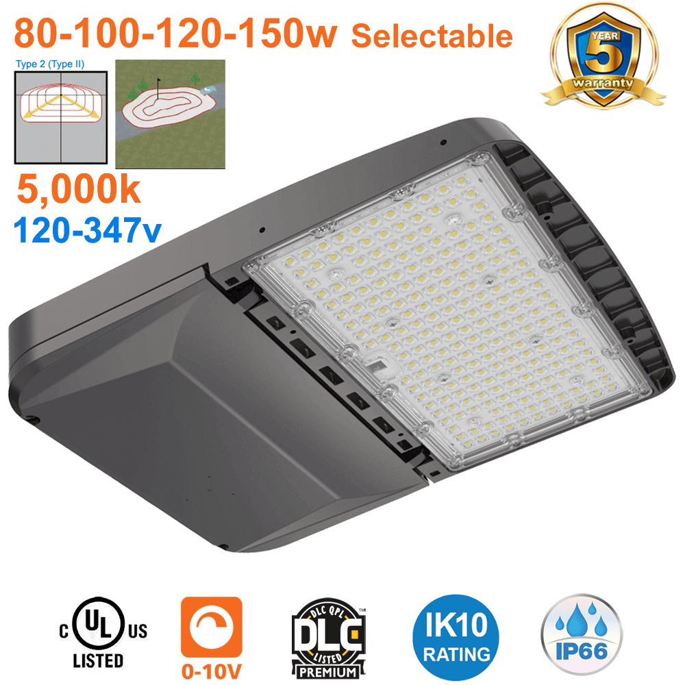 Parking Lot Light 5000K Type 2 Street Light 80 100 120 150 Watts Flood Light IP66 120-347v UL IP66 IK10 Surge Protection DLC Premium 3.0G Vibration Load Rating ALJ Series Area Light By EELighting From LED Network 1