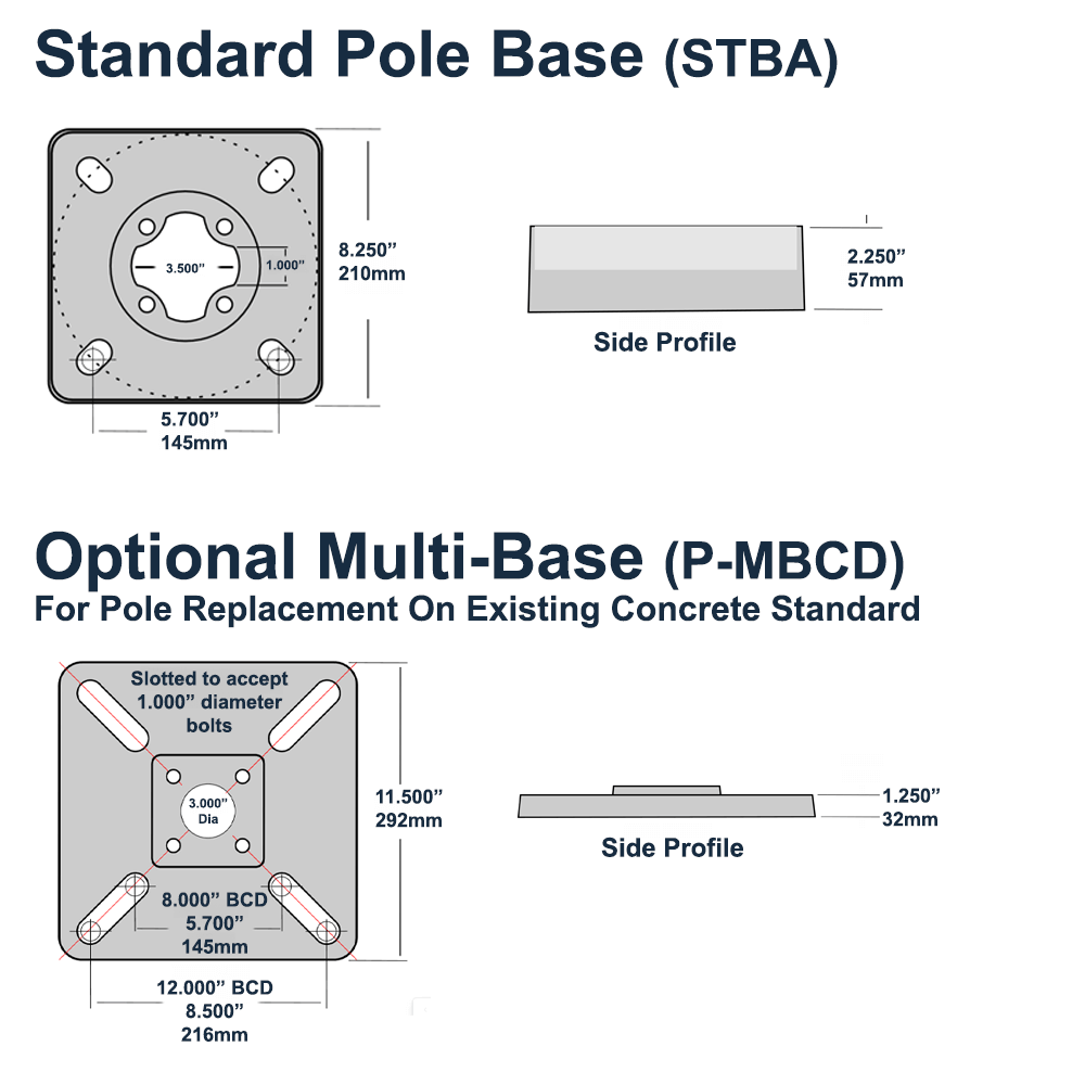 Technical diagram of X-Tron's Standard Pole Base (STBA) and Optional Multi-Base (P-MBCD) with dimensions and profiles. For 4 inch square aluminum light poles