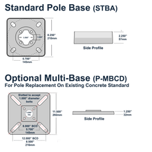 Pole base options for Canadian made 16 foot tall 4 inch square aluminum light pole. Choice of standard pole base or optional multi-base for replacing poles on existing concrete standards.