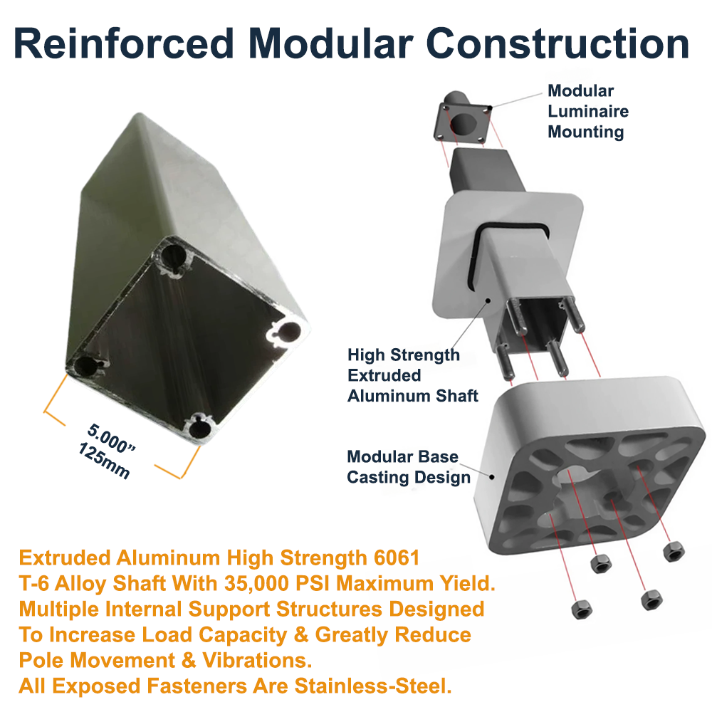 15 foot Light Pole 5 inch square aluminum for luminaire arm mount black white bronze from LED network