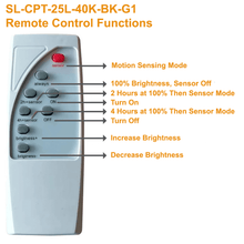 The Remote Control Functions of The SL-CPT-25L-0K-BK-G1 Solar Post Top Light From Light Efficient Design. There are Buttons To Turn The Fixture On and Off, Turn The Motion Sensor Off, Bring The Light to 100% Full Brightness, Increase or Decrease The Brightness And To Set 2 or 4 Hours at 100% Then Motion Sensor Mode. Commercial Solar Lighting from LED Network.