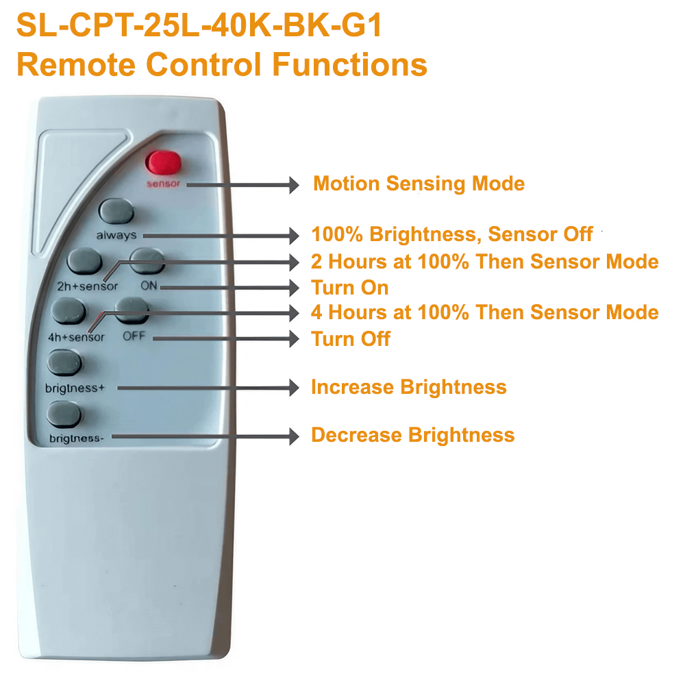 The Remote Control Functions of The SL-CPT-25L-0K-BK-G1 Solar Post Top Light From Light Efficient Design. There are Buttons To Turn The Fixture On and Off, Turn The Motion Sensor Off, Bring The Light to 100% Full Brightness, Increase or Decrease The Brightness And To Set 2 or 4 Hours at 100% Then Motion Sensor Mode. Commercial Solar Lighting from LED Network.