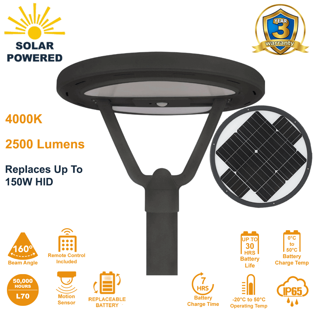 SL-CPT-25L-40K-BK-G1 Solar Post Top Light 2500 Lumens 4000K By Solera  with 160° Beam Angle, IP65 Rating, replaceable LiFePO4 Battery, fits on 3" Pole Top or Slip Fitter, with Motion Sensor and Remote Control to Program Multiple Operating Modes from LED Network