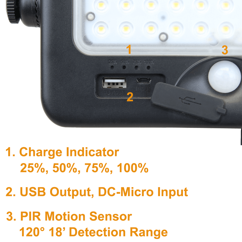 Charge Indicator, USB Output and DC-Micro Input, PIR Motion Sensor on the Solera SL-SMFL-10W-40K-BK-G1 Multipurpose Solar Flood Light and Portable Solar Work Light 4000K 1100 Lumens from LED Network