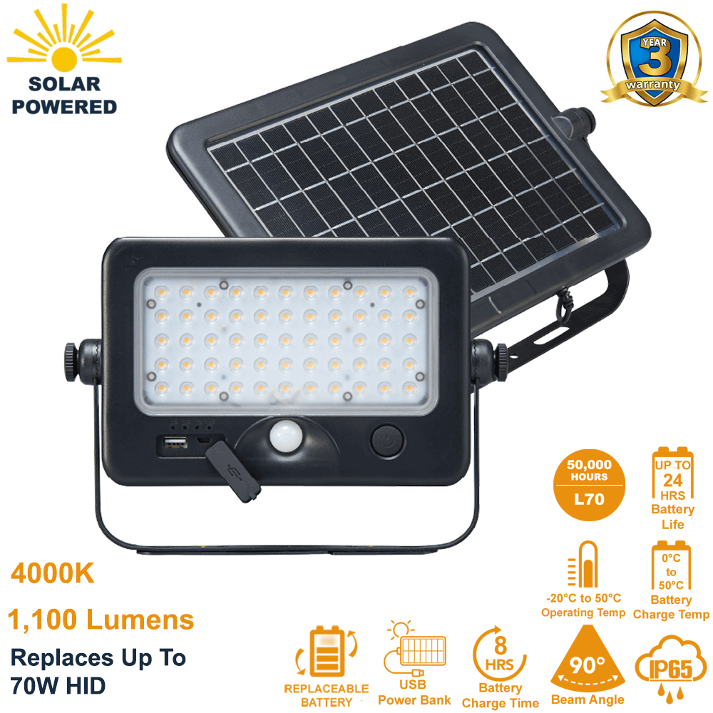 SL-SMFL-10W-40K-BK-G1 Solar Flood Light Solar and Portable Solar Work Light with PIR Motion Sensor 1100 Lumens 4000K Detachable Light Engine Solar Lighting from LED Network
