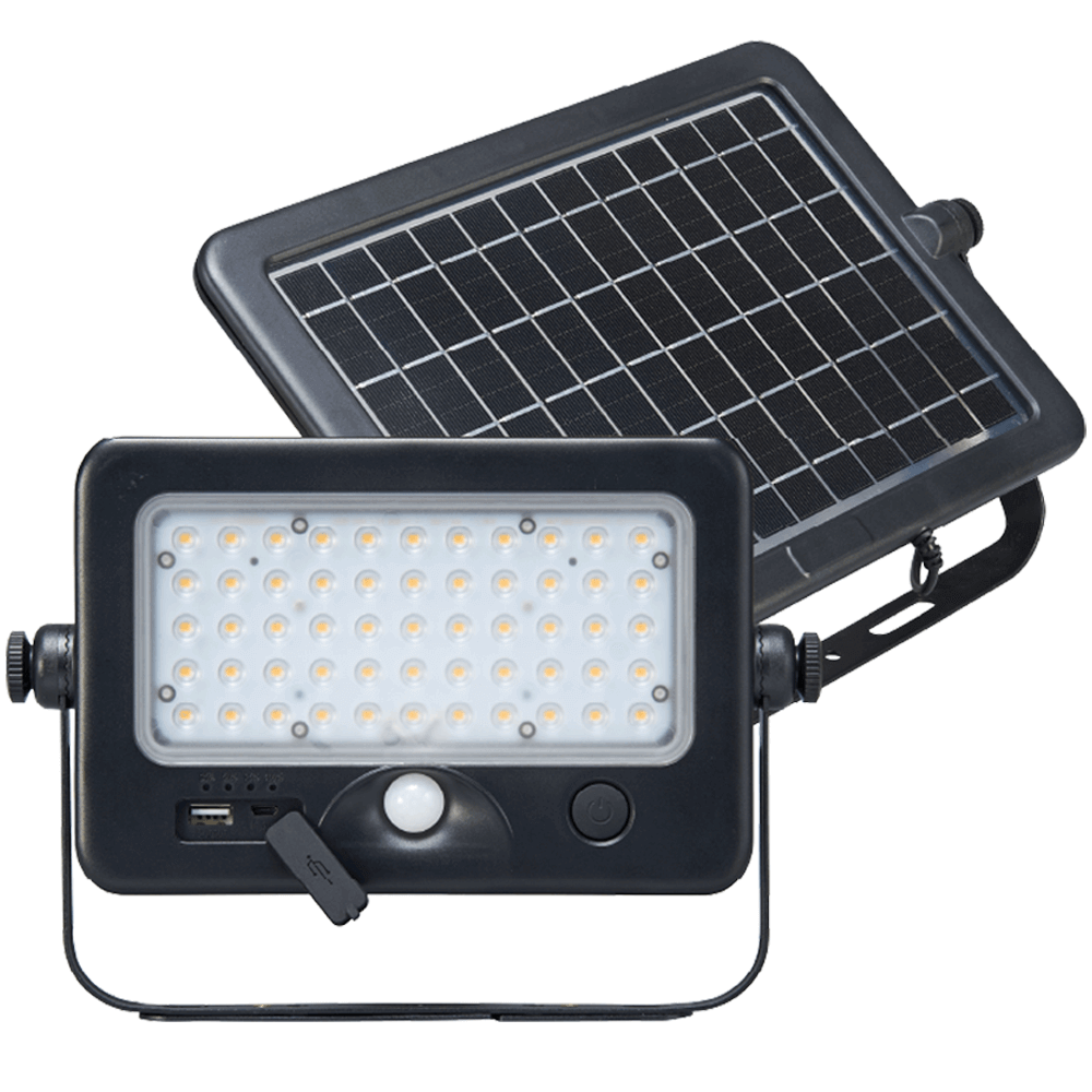 Solera SL-SMFL-10W-40K-BK-G1 Multipurpose Portable Solar Work Light and Solar Flood Light with PIR Motion Sensor Can Be Used As A USB Power Bank 4000K 1100 Lumens from LED Network