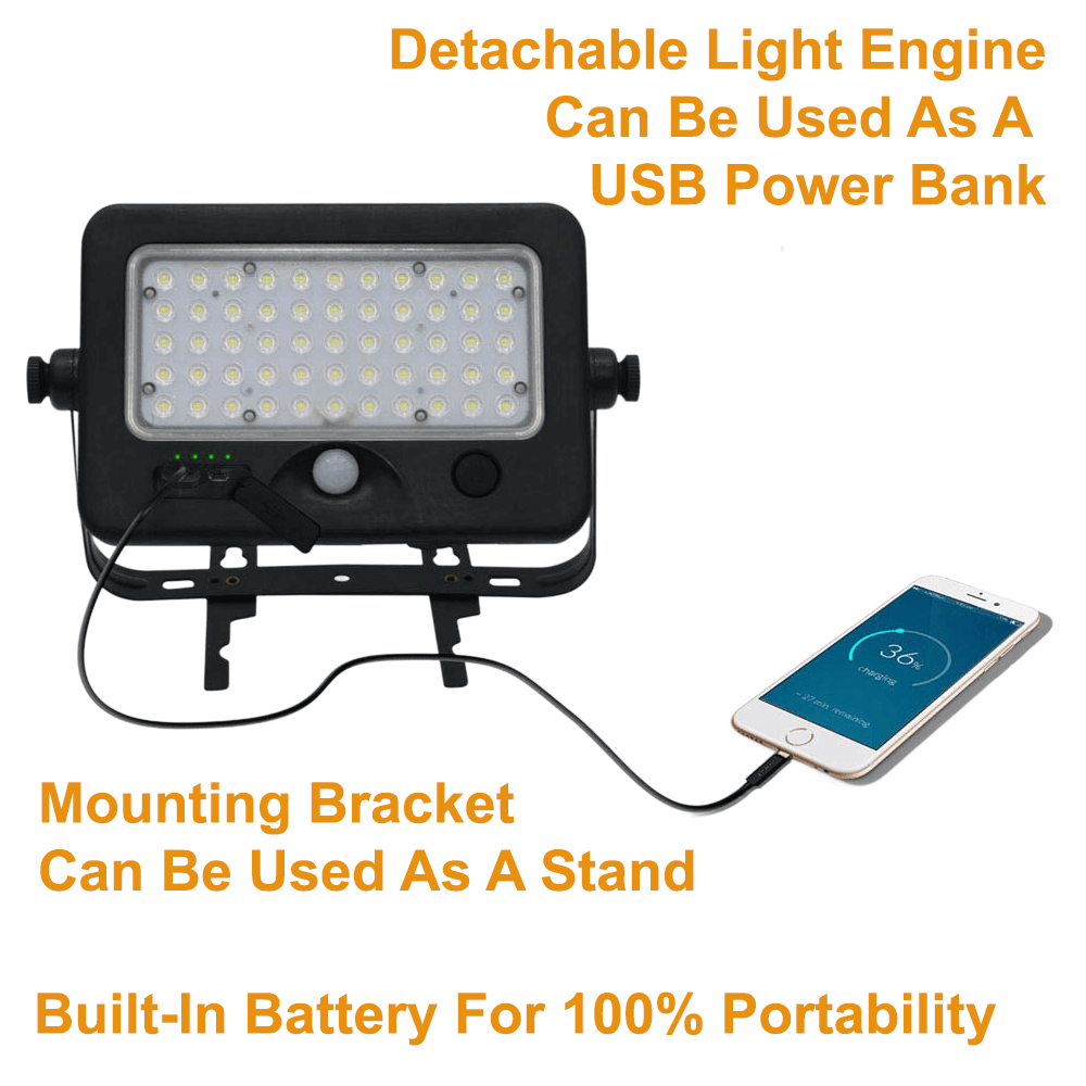The Solera SL-SMFL-10W-40K-BK-1 Has A Detachable Light Engine To Make It Portable So It Can Be Used As A USB Power Bank, Solar Flood Light, and Portable Solar Work Light 4000K 1100 Lumens from LED Network