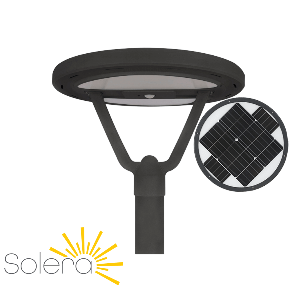 Solera SL-CPT-25L-40K-BK-G1 Solar Post Top Light For Walkways, Pathways, and Driveways. 2500 Lumens 4000K Developed By  Light Efficient Design. 160° Beam Angle, IP65 Rating, replaceable LiFePO4 Battery, fits on 3" Pole Top or Slip Fitter, with Motion Sensor and Remote Control to Program Multiple Operating Modes from LED Network