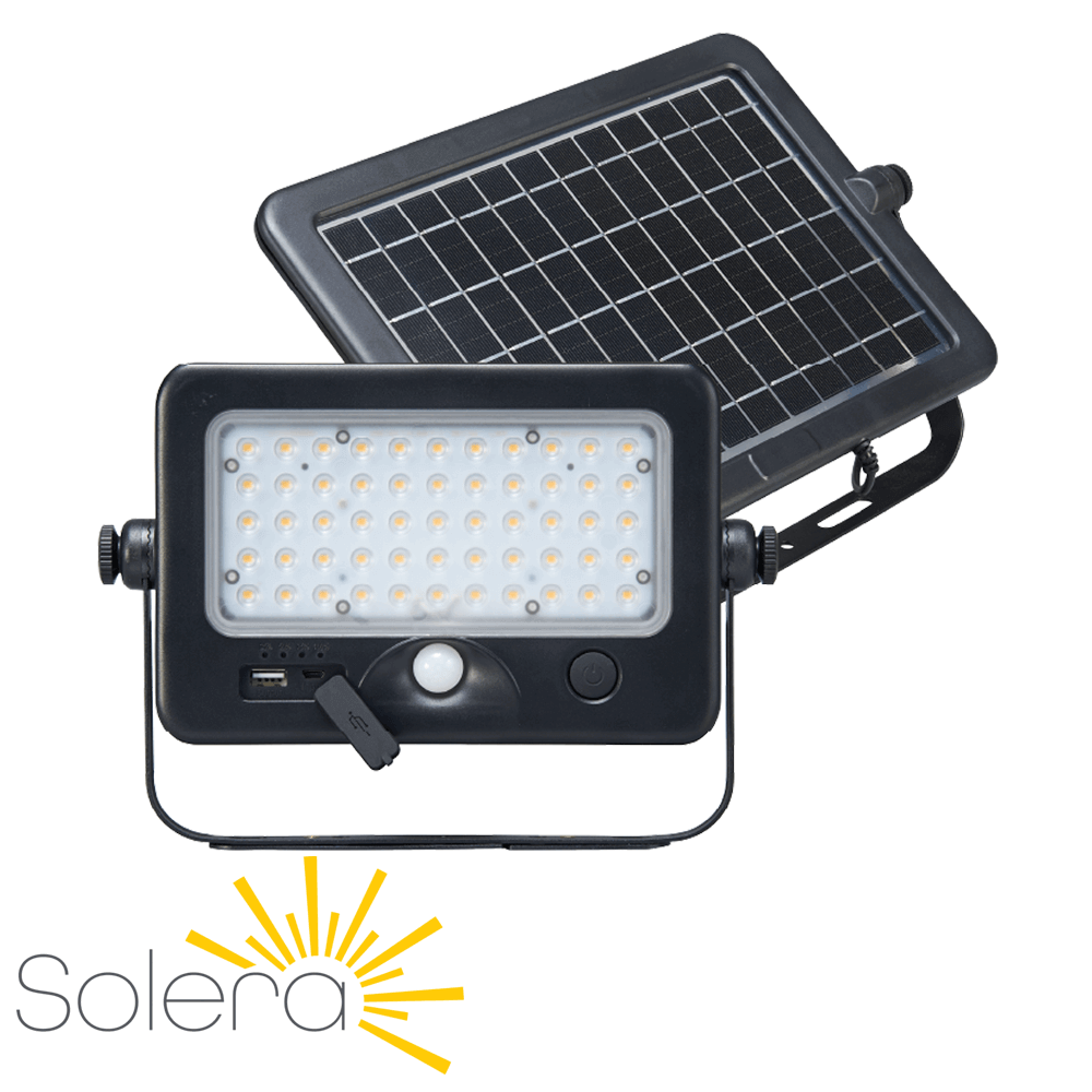 Solera SL-SMFL-10W-40K-BK-G1 4000K Solar Flood Light Solar and Portable Solar Work Light with PIR Motion Sensor 1100 Lumens Detachable Light Engine Solar Lighting from LED Network