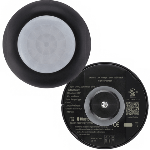 Top View of the Lens and Bottom View of the LNFMS-106-AUX-W High Bay Sensor Controller Long Range Wireless Lighting Controls Bluetooth Mesh Network LN Wireless Lighting Controls From LED Network