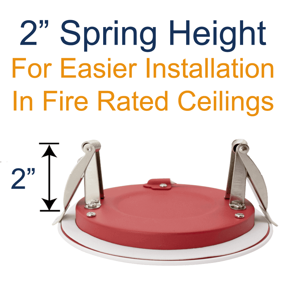 2 Inch Spring Clips On A Fire Rated Pot Light, 4 Inches, 9 Watts, 735 Lumens, UL 263, ASTM E119, CAN ULC S101, Ships From Canada, 120v, Dimmable, Wet Rated, IC Rated, 5 CCT Selectable, ETL Rated, 5-Year Warranty, From LED Network
