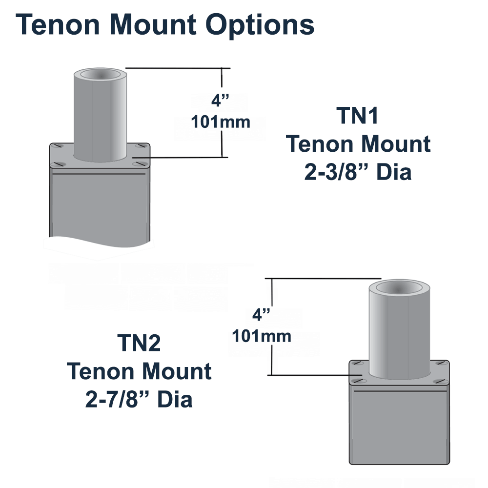 Two optional tenon mounts for 10 ft tall 4 inch square aluminum pole One tenon is 2-3/8" diameter the other is 2-7/8" diameter