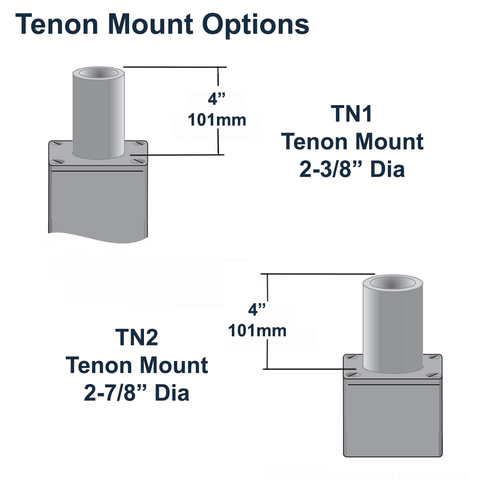 Two tenon mount options for X-Tron's 12 foot tall straight 4 inch square aluminum light pole. One tenon for 2-3/8 in diameter mounting, one tenon for 2-7/8 inch diameter mounting.