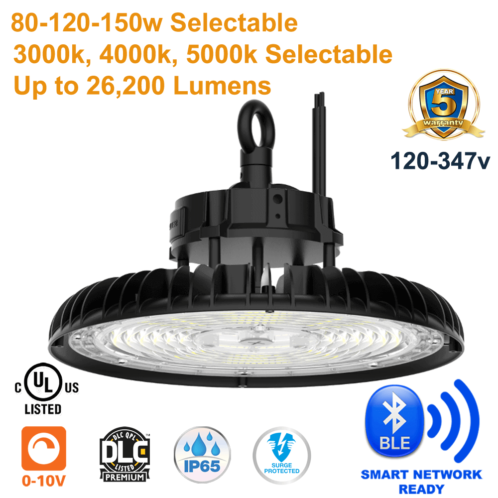Wattage Adjustable High Bay 80 120 150 Watts LED UFO 3 CCT 3K 4K 5K Smart Ready 0-10v Dimmable UL DLC 120-347v From LED Network