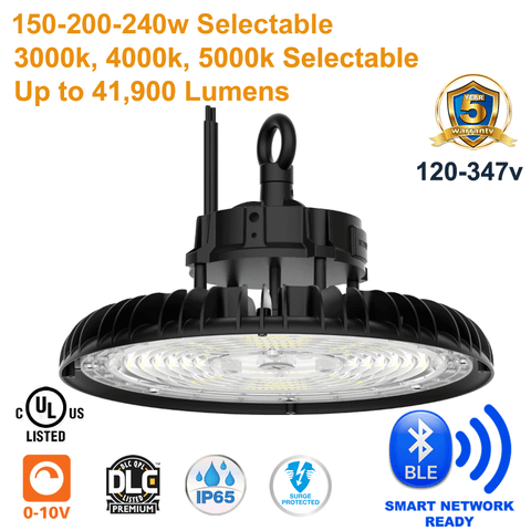 Wattage Adjustable High Bay 150 200 240 Watts LED UFO 3 CCT 3K 4K 5K Smart Ready 0-10v Dimmable UL DLC From LED Network