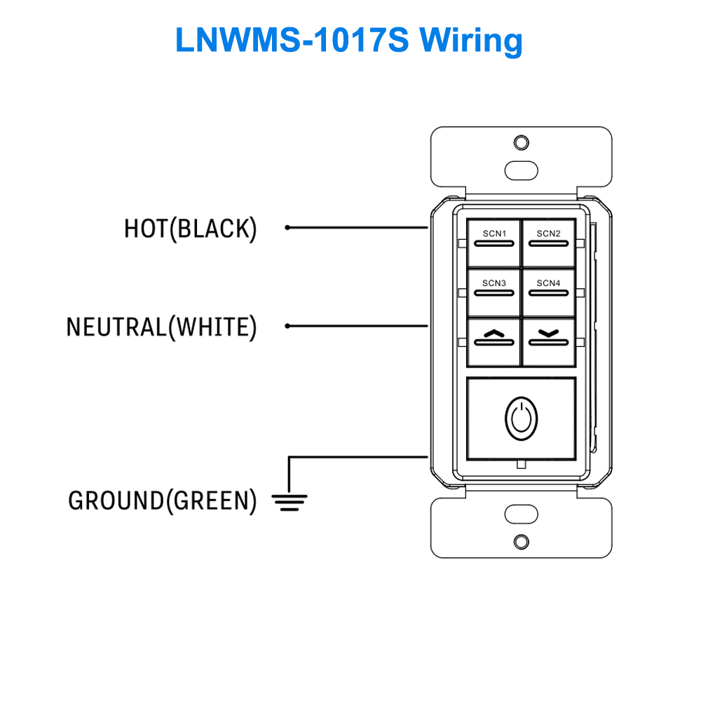 Wiring For The LNWMS-1017S Wall Switch For 0-10v Wireless Lighting Controls 4 Scene Controller On Off Dim Up Dim Down 120-277v UL DLC For LN Wireless Lighting Controls From LED Network