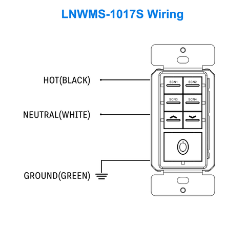 Wiring For The LNWMS-1017S Wall Switch For 0-10v Wireless Lighting Controls 4 Scene Controller On Off Dim Up Dim Down 120-277v UL DLC For LN Wireless Lighting Controls From LED Network