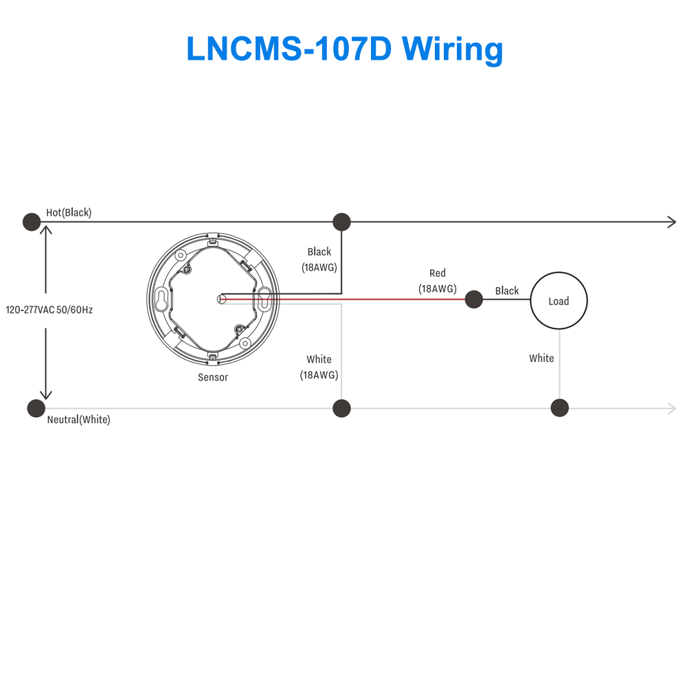 Wiring Of The LNCMS-107D LN Dual Technology Networked Ceiling Occupancy Sensor PIR And Ultrasonic For Wireless Lighting Control System 120-277v UL DLC LN Wireless Lighting Controls From LED Network