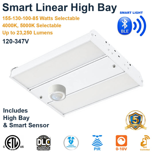 155W Turolight 155M Smart Linear LED High Bay with white TuroSmart PIR Sensor; 155/130/100/85W, 4000K/5000K, up to 23,250 lumens and 120–347V.