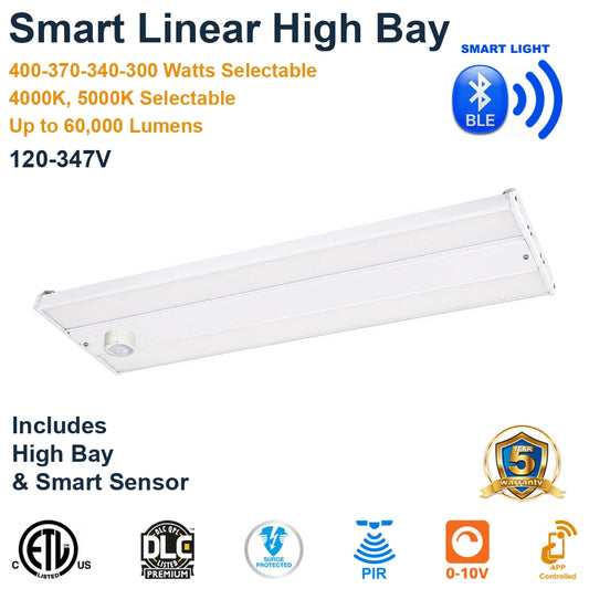 400W Turolight 400XL Smart Linear LED High Bay with white TuroSmart PIR Sensor; 400/370/340/300W, 4000K/5000K, up to 60,000 lumens and 120–347V.