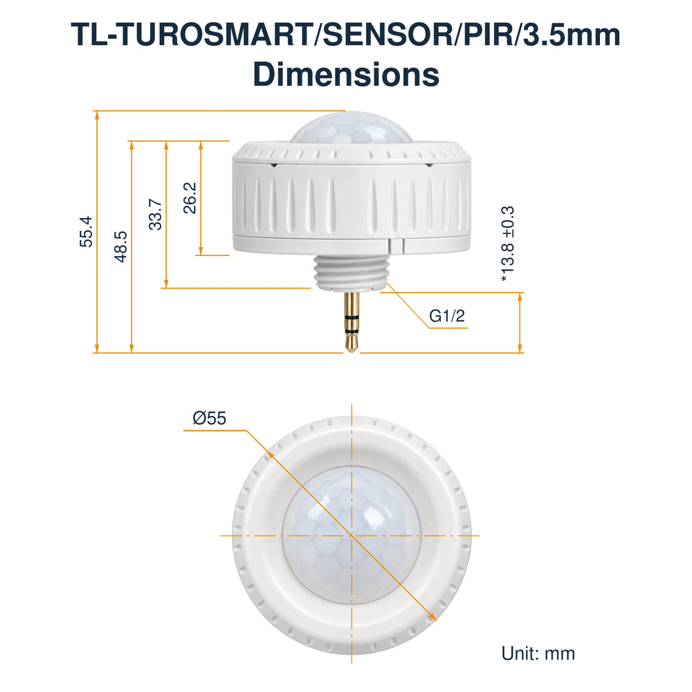 White TuroSmart 3.5mm PIR Sensor dimensions showing 55mm diameter, 55.4mm overall height and G1/2 thread