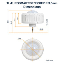 White TuroSmart 3.5mm PIR Sensor dimensions showing 55mm diameter, 55.4mm overall height and G1/2 thread