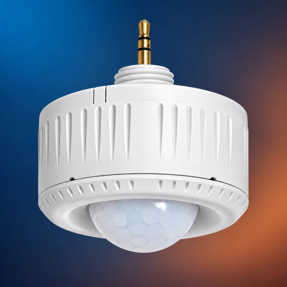 White TuroSmart 3.5mm PIR Sensor and NLC Controller on a blue and copper gradient background