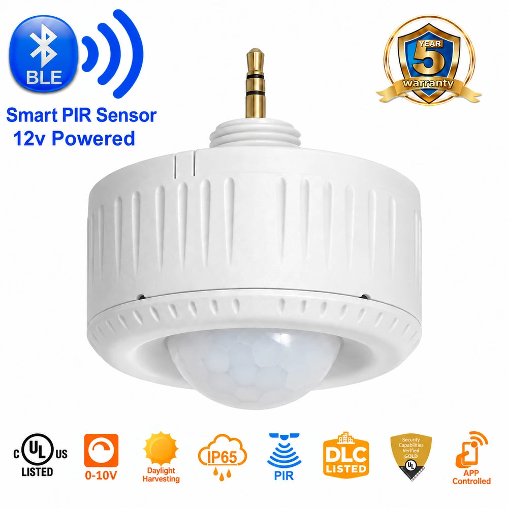 White TuroSmart 3.5mm Smart PIR Sensor and NLC Controller with gold connector and feature icons