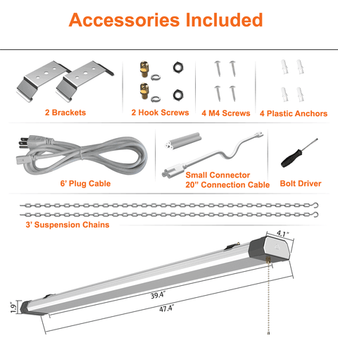 Accessories For 2 Pack 100watt Linkable 4' LED Shop Light 5000k 13000 Lumens cETL 120v