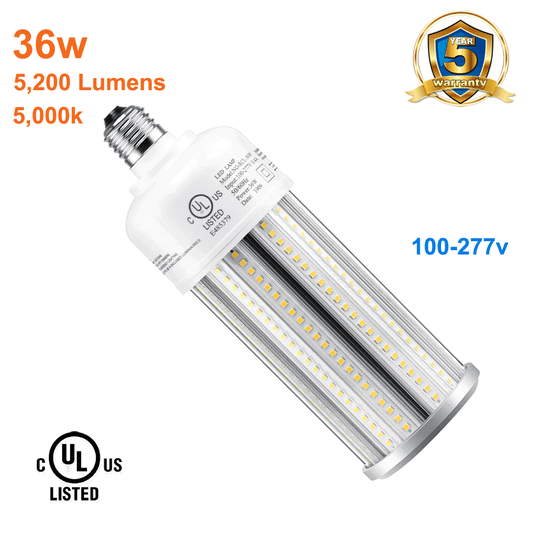 36watt LED Corn Bulb Outdoor LED Light Bulb 5000k 5200 Lumens 120-277v cUL E26 Base 1