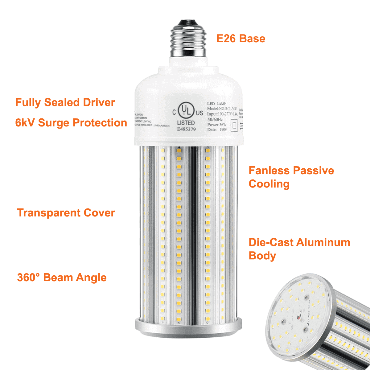 36watt LED Corn Bulb Outdoor LED Light Bulb 5000k 5200 Lumens 120-277v cUL E26 Base 3