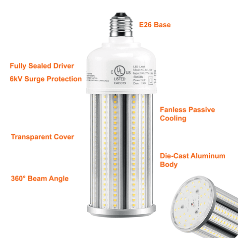 36watt LED Corn Bulb Outdoor LED Light Bulb 5000k 5200 Lumens 120-277v cUL E26 Base 3