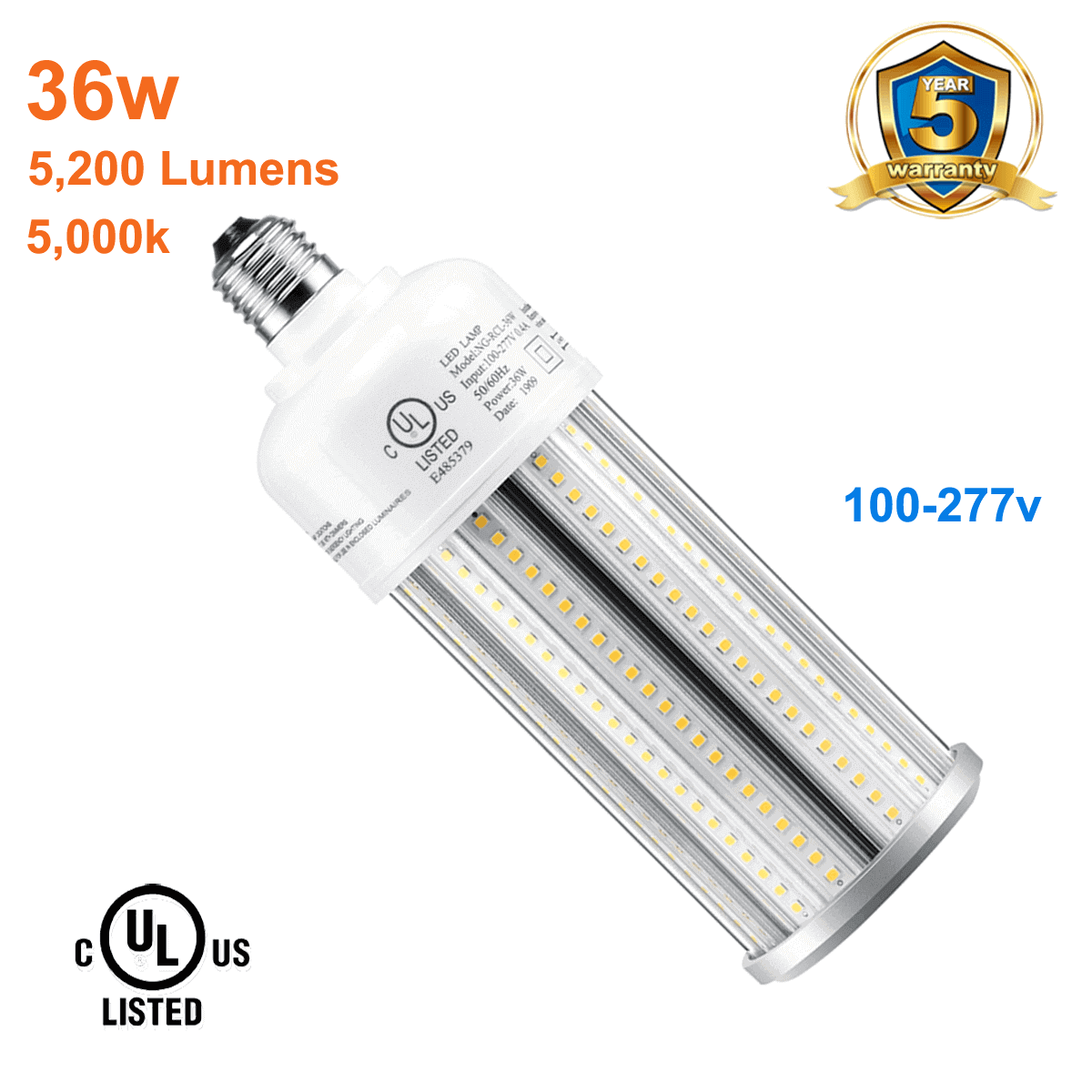 36watt LED Garage Light Bulb 5000k 5200 Lumens cUL 120-277v E26 Base 1