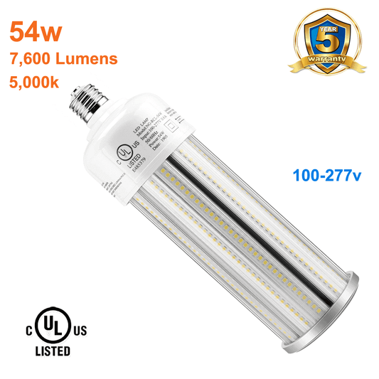 54watt LED Corn Bulb Outdoor LED Light Bulb 5000k 7600 Lumens 120-277v cUL E26 And E39 Base