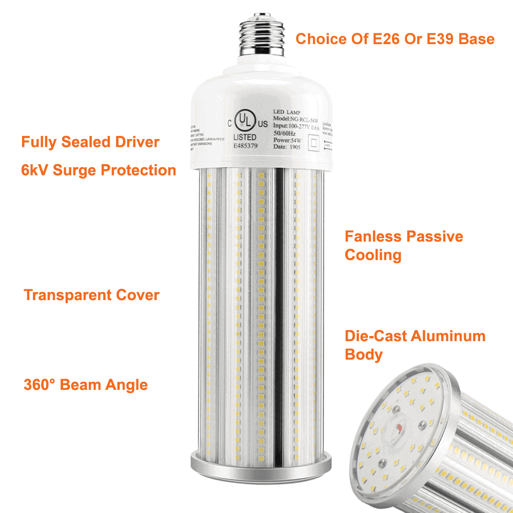 54watt LED Corn Bulb Outdoor LED Light Bulb 5000k 7600 Lumens 120-277v cUL E26 And E39 Base 3