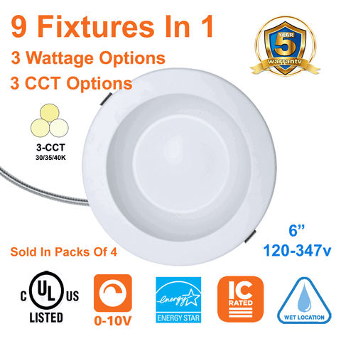 4 Pack 6" Pot Light LED Downlight 3 Wattages 3 CCT 120-347v cUL 1