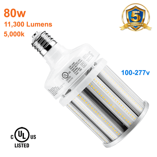 80watt LED Corn Bulb Outdoor LED Light Bulb 5000k 11300 Lumens 120-277v cUL E39 Base 1