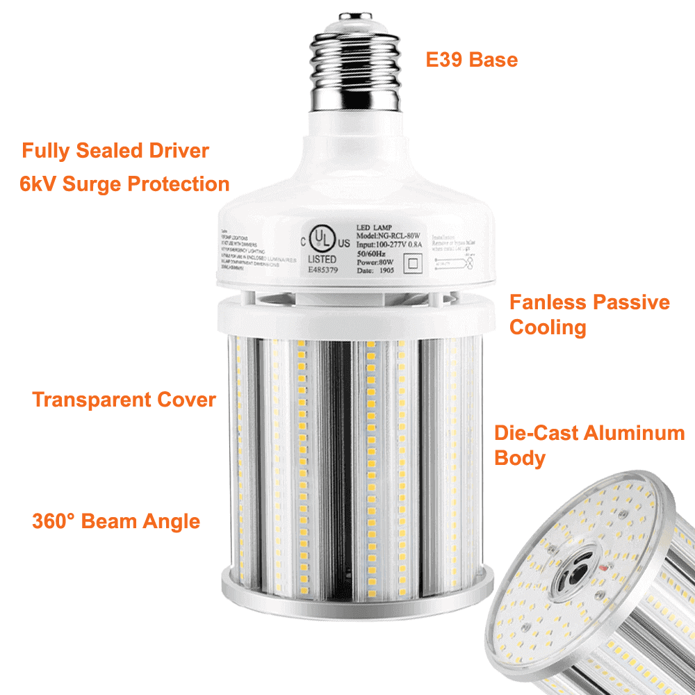 80watt LED Corn Bulb Outdoor LED Light Bulb 5000k 11300 Lumens 120-277v cUL E39 Base 3