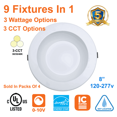 4 Pack 8" Pot Light LED Downlight 3 Wattages 3 CCT 120-277v cUL 1