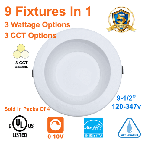 4 Pack 9.5" Pot Light LED Downlight 3 Wattages 3 CCT 120-347v cUL 1