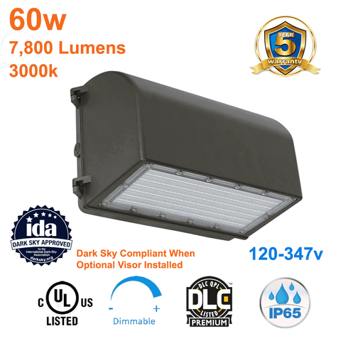 60watt Full Cut-Off LED Outside Wall Light 3000k 7800 Lumens cUL 120-347v