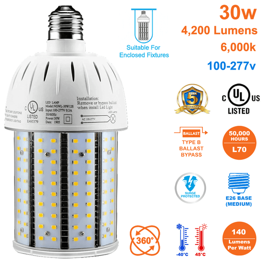 Ratings And Features Of Light Bulb 30 Watts LED Corn Lamp 6000K 4200 Lumens 120-277v E26 UL Listed