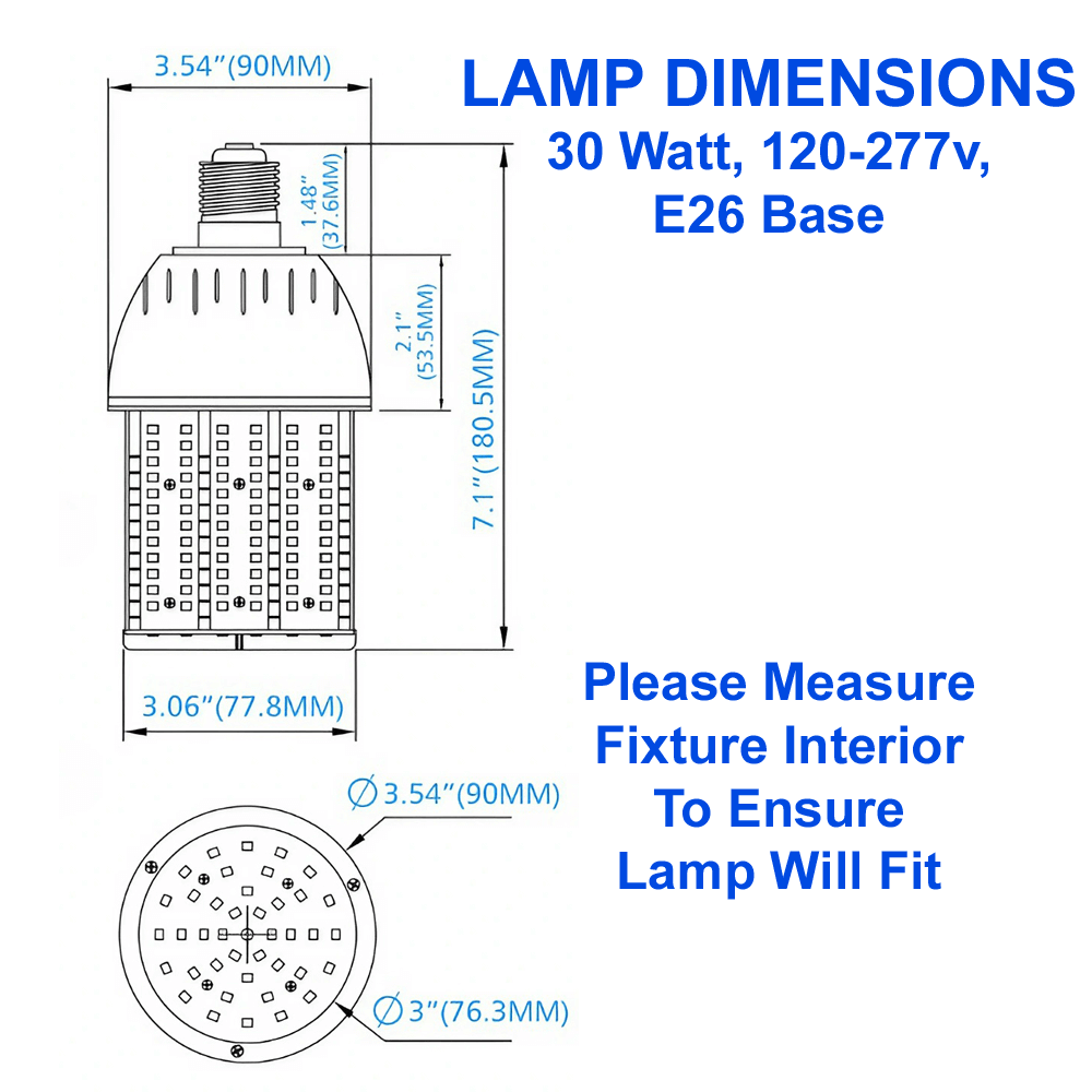 Lamp Dimensions Diagram For Light Bulb 30 Watts LED Corn Lamp 6000K 4200 Lumens 120-277v E26 UL Listed