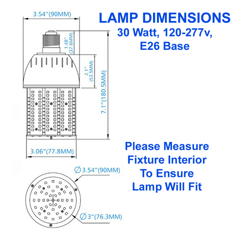 Lamp Dimensions Diagram For Light Bulb 30 Watts LED Corn Lamp 6000K 4200 Lumens 120-277v E26 UL Listed