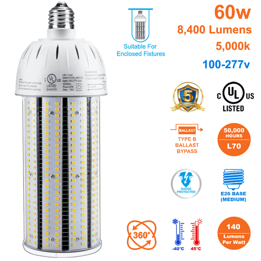 Certification For Light Bulb 60 Watts LED Corn Light 5000K 8400 Lumens 120-277v E26 cUL Listed