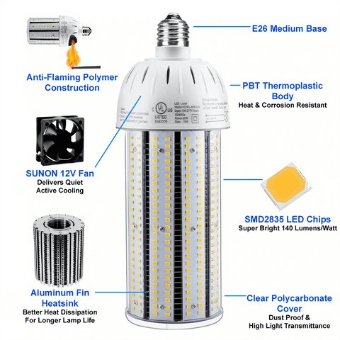 Features Of Light Bulb 60 Watts LED Corn Light 5000K 8400 Lumens 120-277v E26 cUL Listed