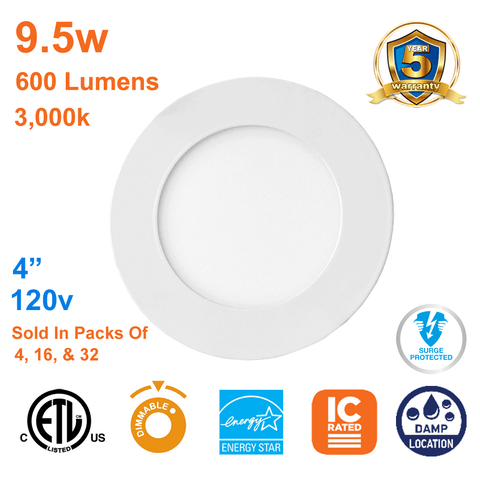 Thin LED Pot Light 4 Inch Downlight 9.5watts 600 Lumens 3000k 120v cETL Dimmable 1