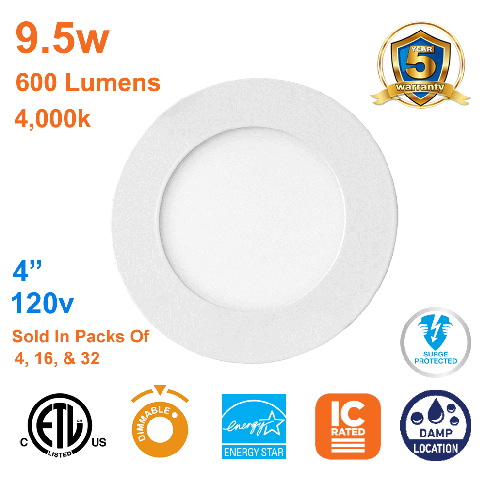 Thin LED Pot Light 4 Inch Downlight 9.5watts 600 Lumens 4000k 120v cETL Dimmable 1