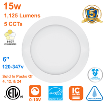 Thin LED Pot Light 6 Inch Downlight 15watts 1125 Lumens 5CCT 120-347v cETL Dimmable 1